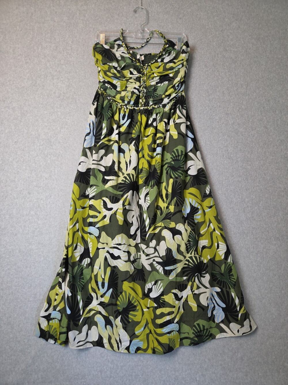 On 34th Green Floral Braided Trim Halter Maxi Dress Women's Med Pockets Smocked